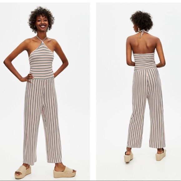 PULL&BEAR Women's Stripe Multicolor Halter-Neck Culotte Jumpsuit - Picture 3 of 13